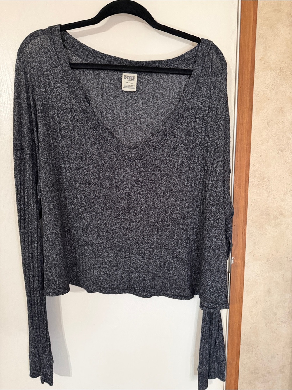 PINK Victoria's Secret Charcoal Ribbed V-Neck Long Sleeve Top